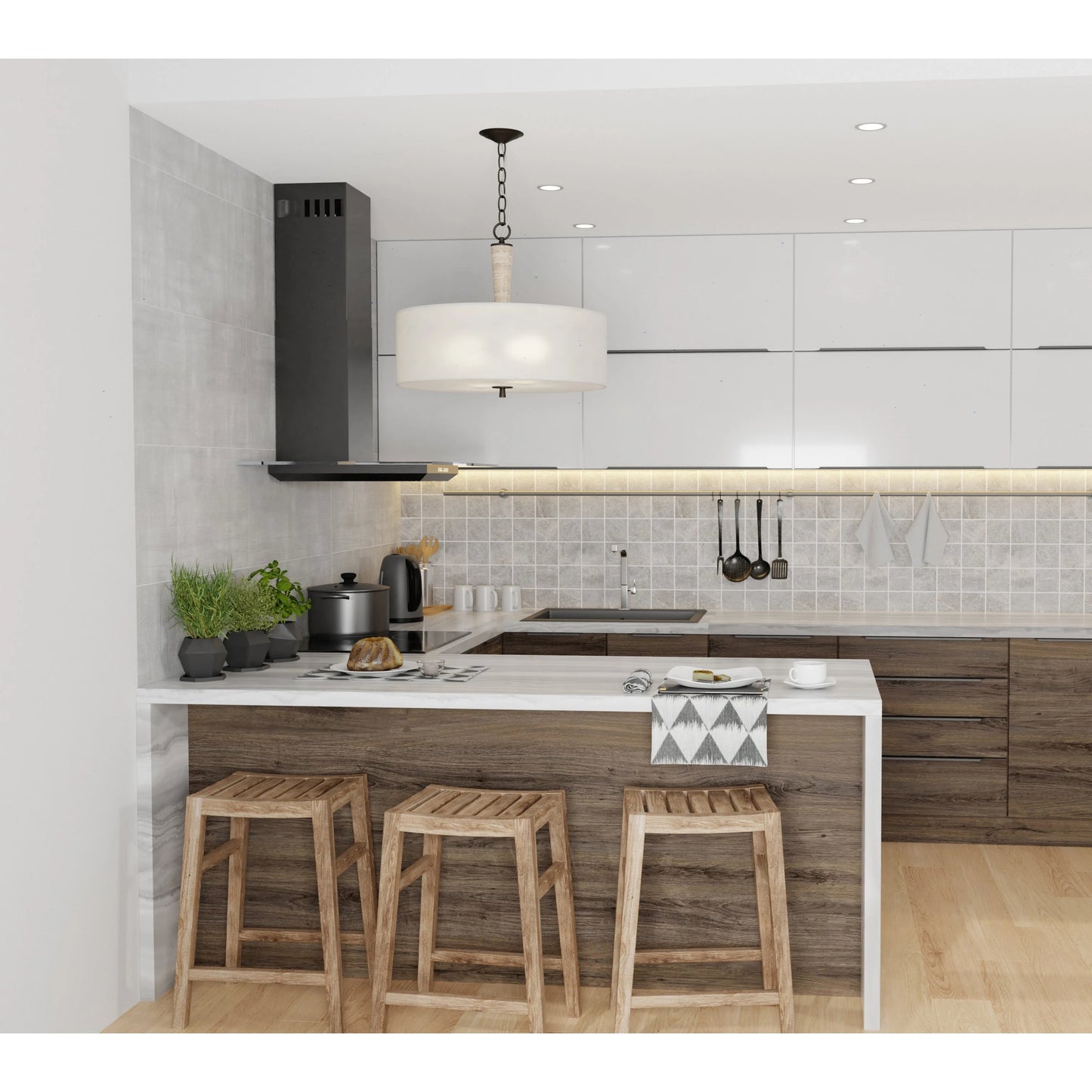004 SI-1966006 | Lifestyle | Sullivan 2-Light Drum Chandelier by Lumanity in oil rubbed bronze. Made from iron, travertine, glass in a modern style.