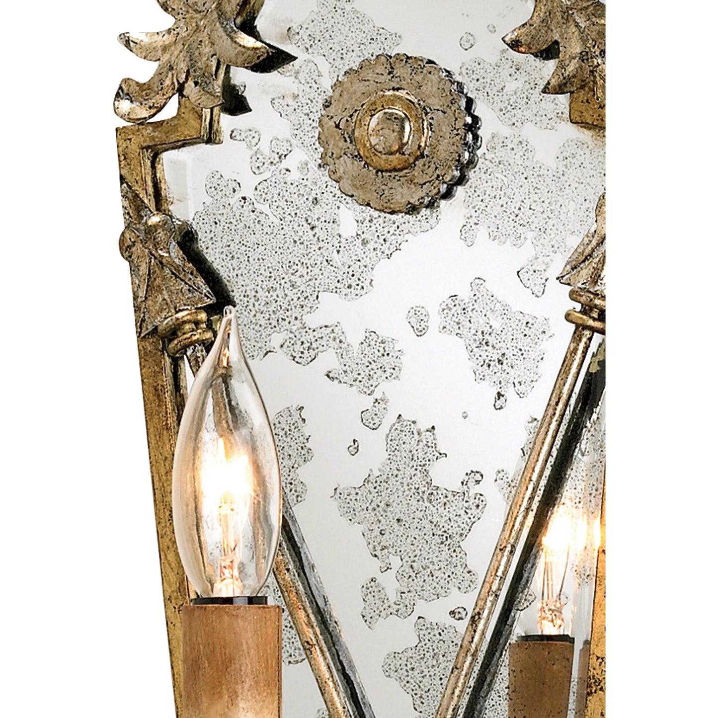 003 S-222958 | Closeup | Napoli Wall Sconce 1L by Currey and Company in gold leaf, majestic silver leaf. Made from wrought iron, composite, mirror in a traditional style.
