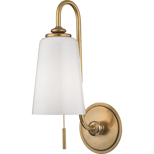 Glover Wall Sconce by Hudson Valley in aged brass. Made from brass in a transitional style.