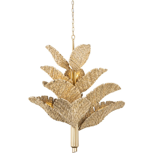 Banana Chandelier by Varaluz in french gold, natural seagrass. Made from unique in a rustic style.