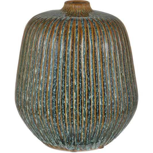 Shoulder Vase by Currey and Company in reactive blue, brown. Made from ceramic in a modern style.