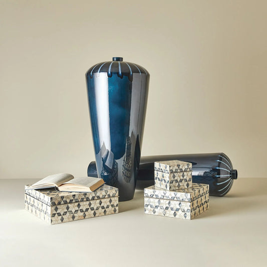 Capiz Shell Box by Global Views in nickel. Made from mdf, stainless steel, capiz shell, mother of pearl in a eclectic & global style.