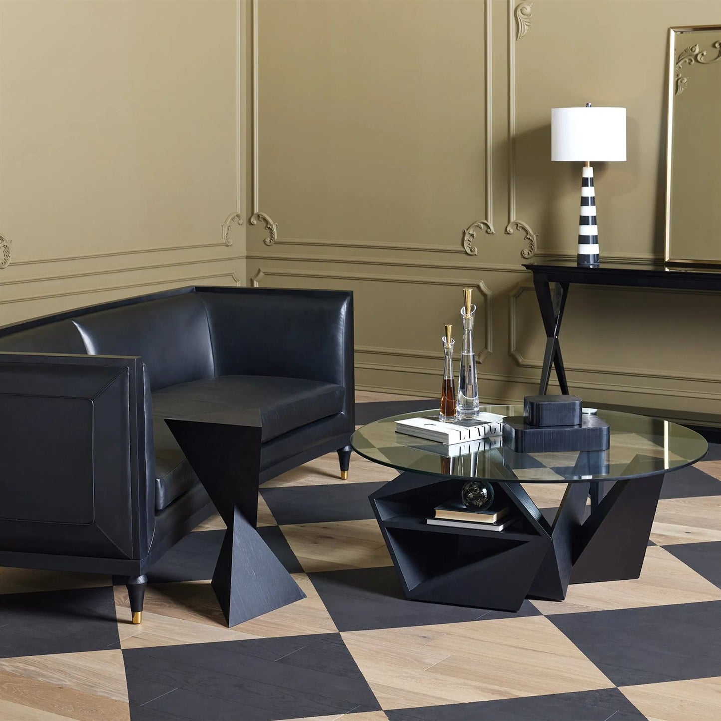 005 SI-2323078 | Lifestyle | Arc Sofa by Global Views in black and brass. Made from unique in a traditional style.