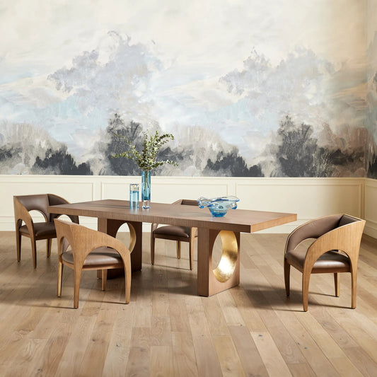 Arches Dining Chair by Global Views in nutmeg, champagne. Made from plywood, veneer, leather in a traditional style.