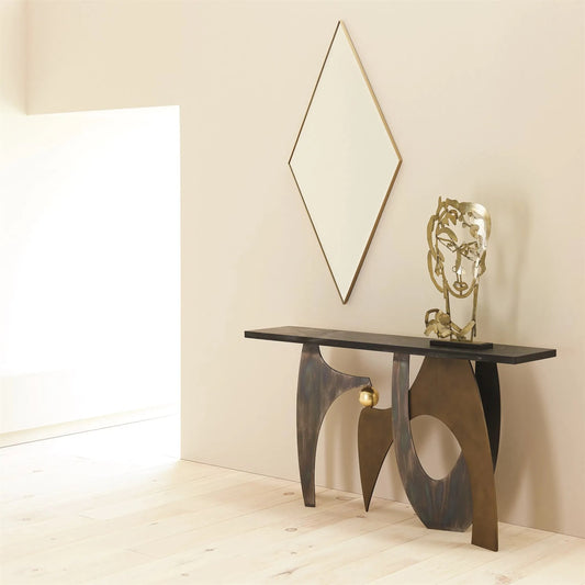 Elongated Diamond Mirror by Global Views in brass. Made from unique in a transitional style.