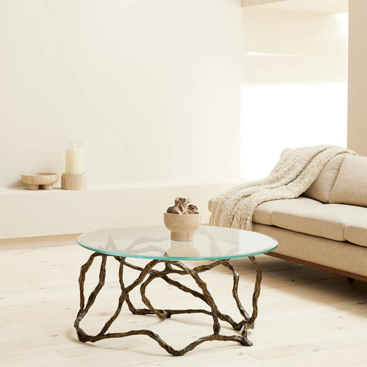 Twistwood Cocktail Table by Global Views in clear, red and antique brass. Made from unique in a modern style.