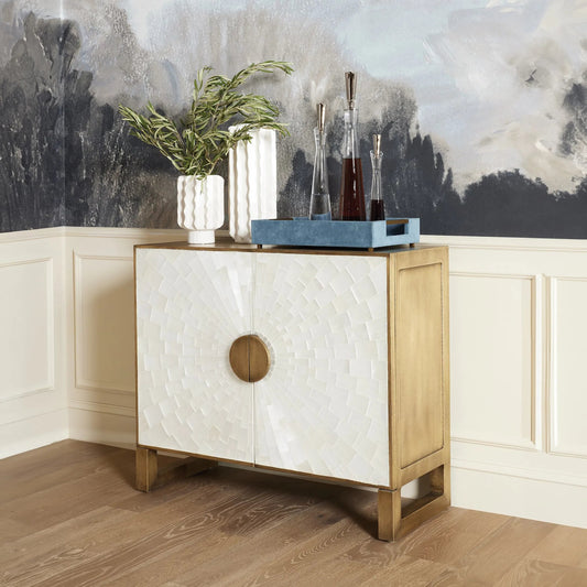 Gypsum Cabinet by Global Views in antique satin brass. Made from mdf, brass, selenite in a modern style.