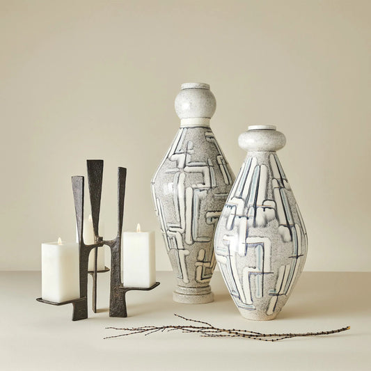 Spindle Vase by Global Views in grey, blue painted. Made from ceramic in a eclectic & global style.