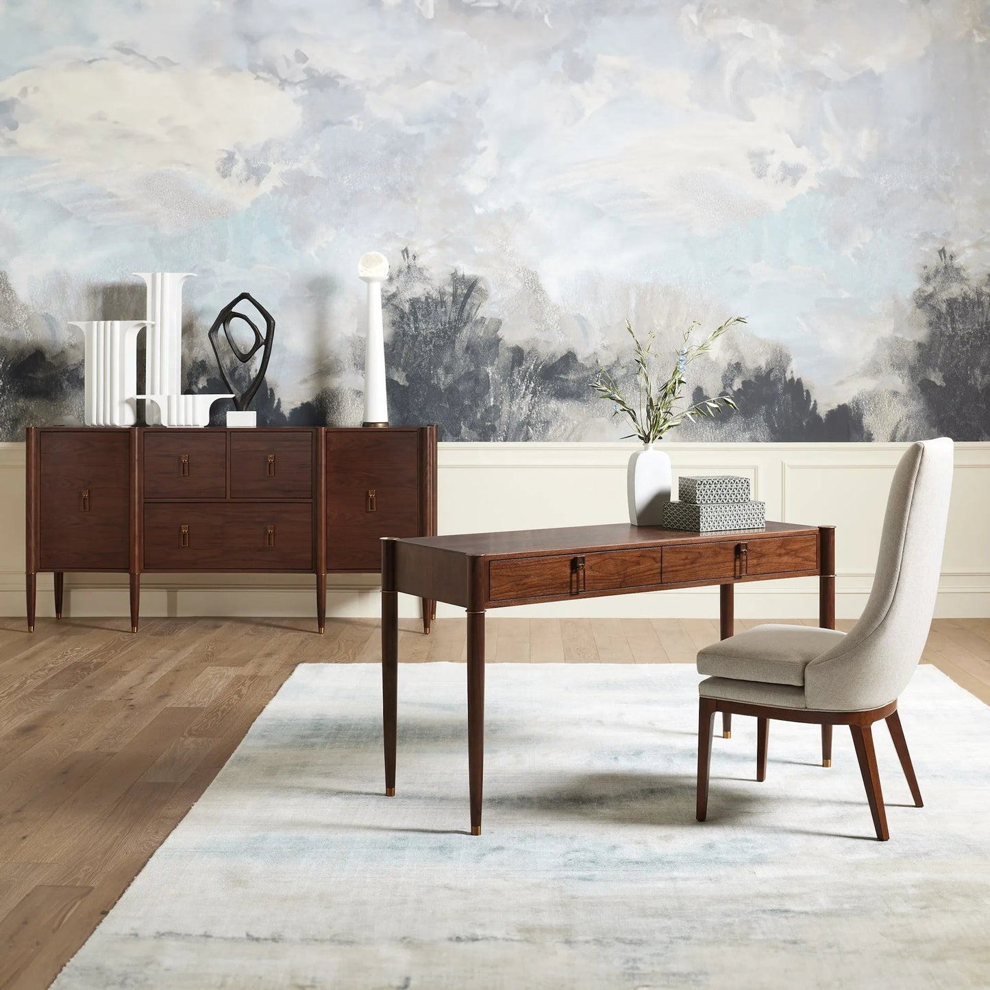 006 SI-2446261 | Lifestyle | Triple Curve Cabinet by Global Views in walnut. Made from walnut wood, brass in a traditional style.