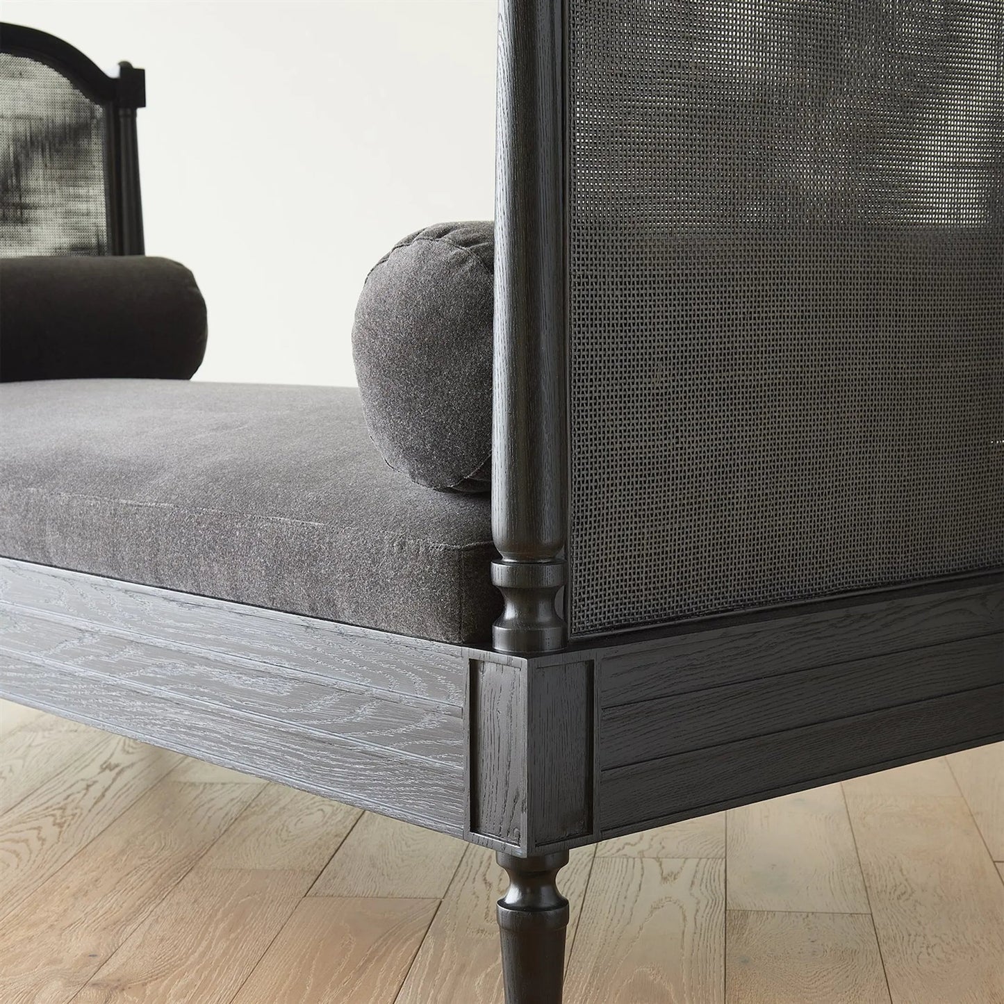 015 SI-2323836 | Closeup | Josephine Daybed by Global Views. Made from eu oak, cane. beech, brass, fabric, 11% cotton, 31% polyester, 58% acrylic, 50, 000 double rub in a traditional style.