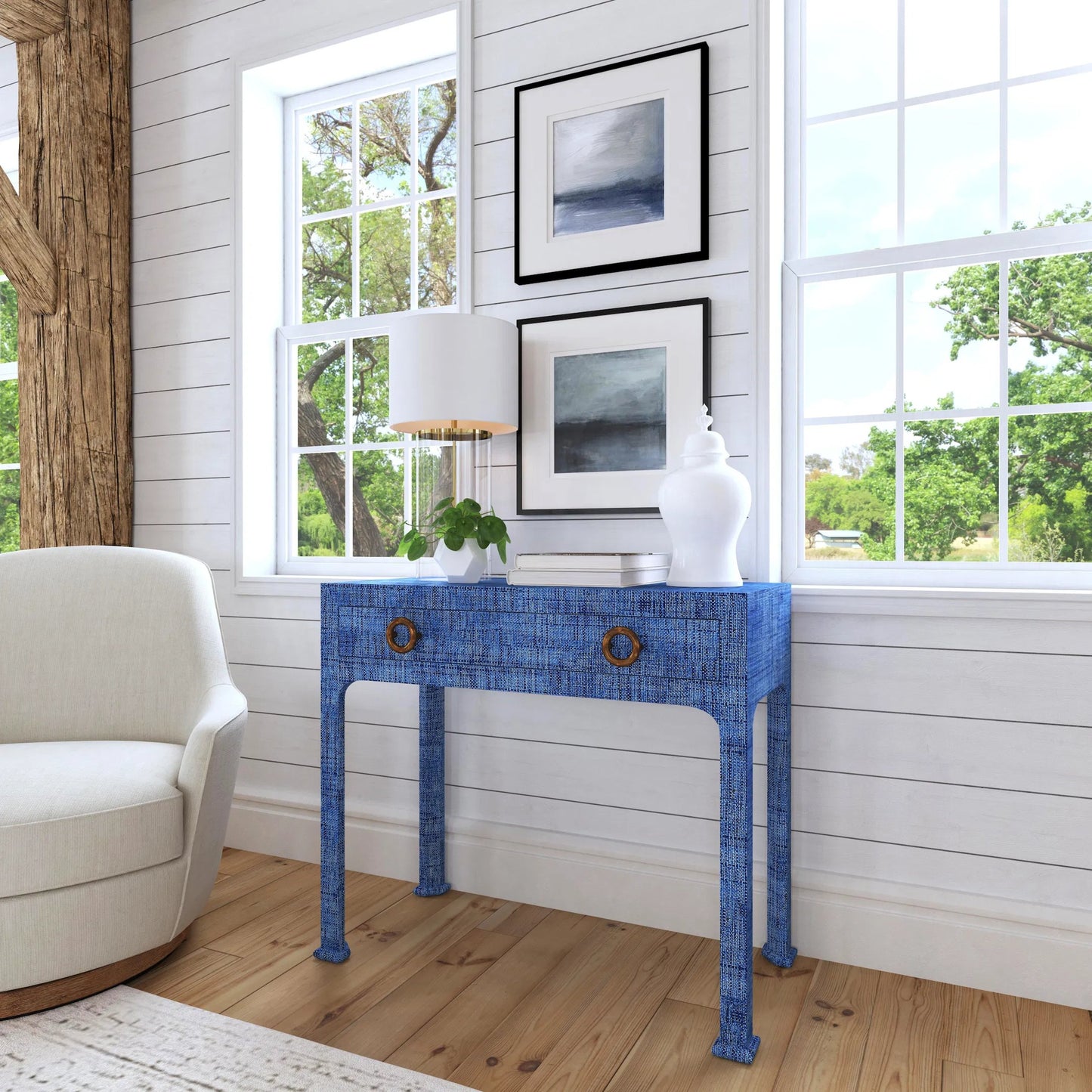 005 SI-2448125 | Lifestyle | Chatham Console Table by Butler Specialty Company in blue raffia. Made from gmelina arborea wood, mdf, maple veneer, raffia, aluminum in a unique style.