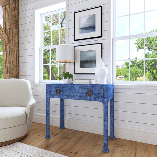 Chatham Console Table by Butler Specialty Company in blue raffia. Made from gmelina arborea wood, mdf, maple veneer, raffia, aluminum in a eclectic & global style.
