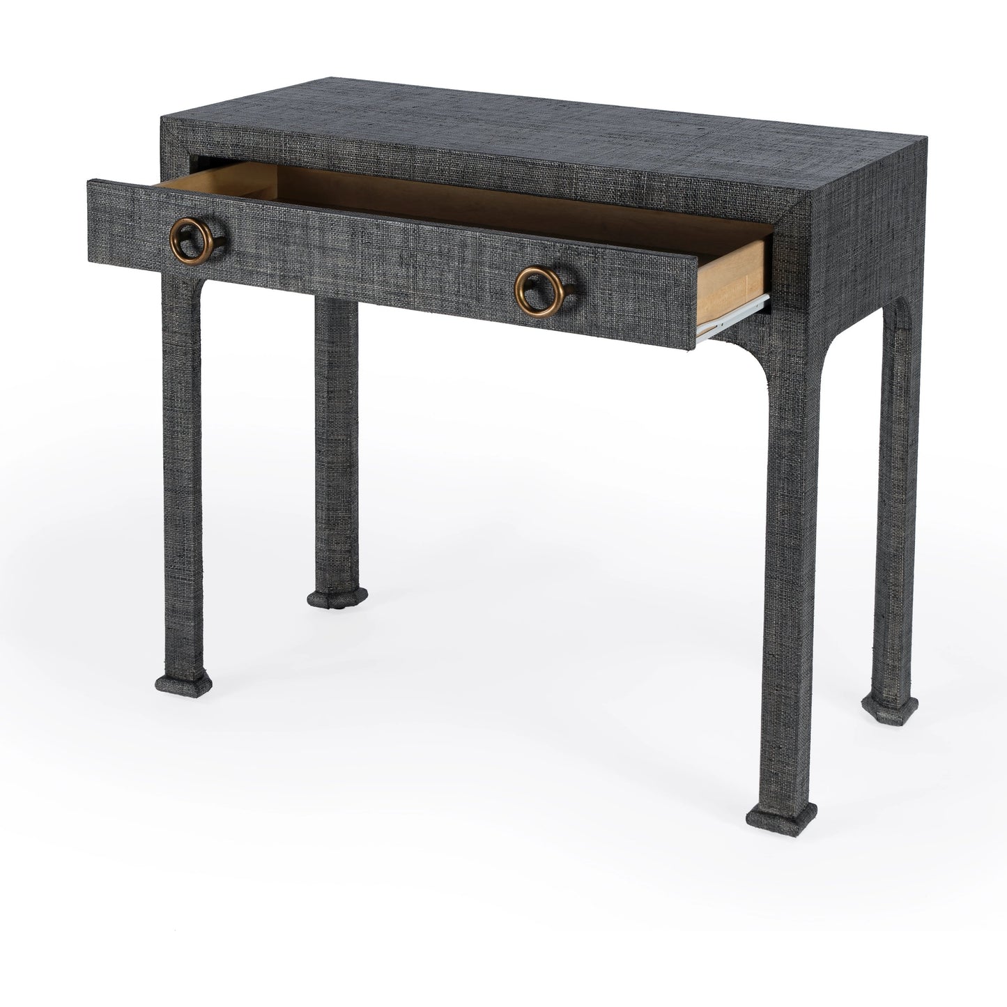 002 SI-2077869 | Additional Silo | Chatham Raffia Console Table by Butler Specialty Company in charcoal and charcoal raffia. Made from gmelina beechwood solids, mdf panel with maple veneer, raffia, aluminium in a transitional style.