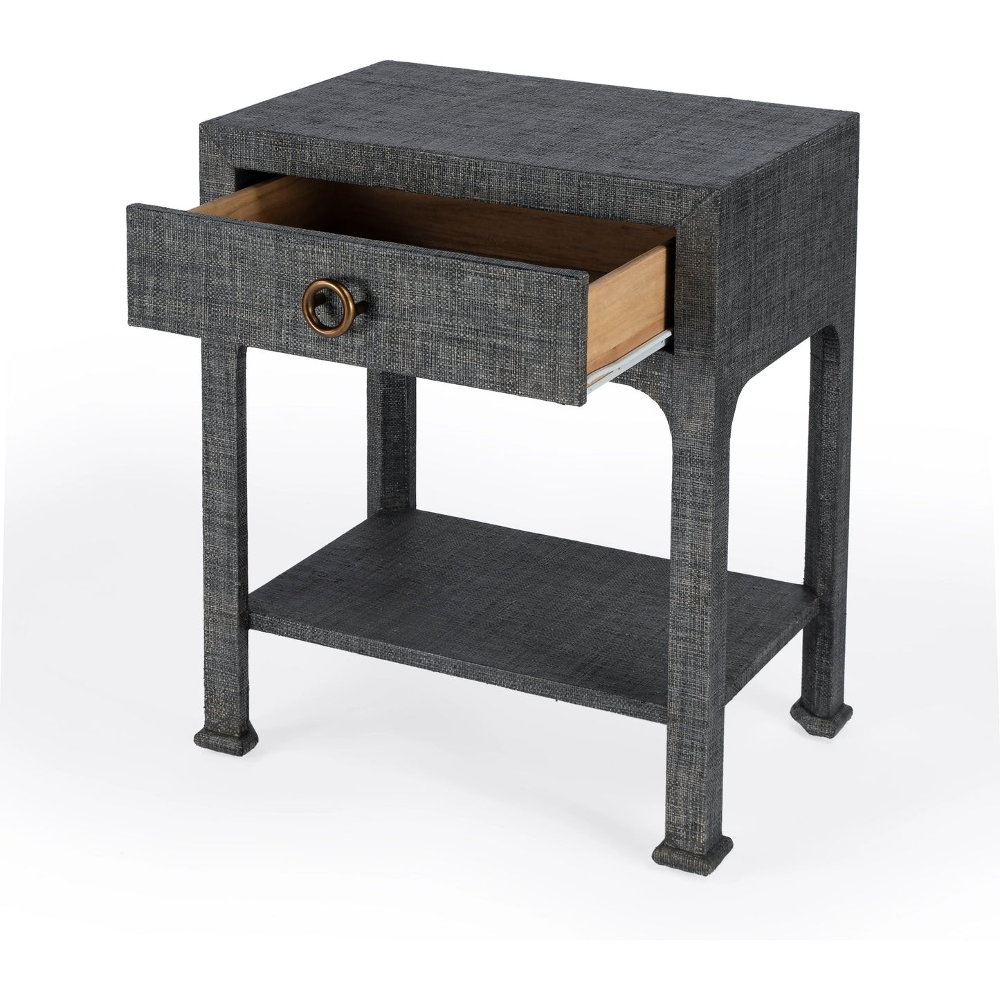 002 SI-2077870 | Additional Silo | Chatham Raffia Nightstand by Butler Specialty Company in charcoal and charcoal raffia. Made from gmelina beechwood solids, mdf panel with maple veneer, raffia, aluminium in a transitional style.