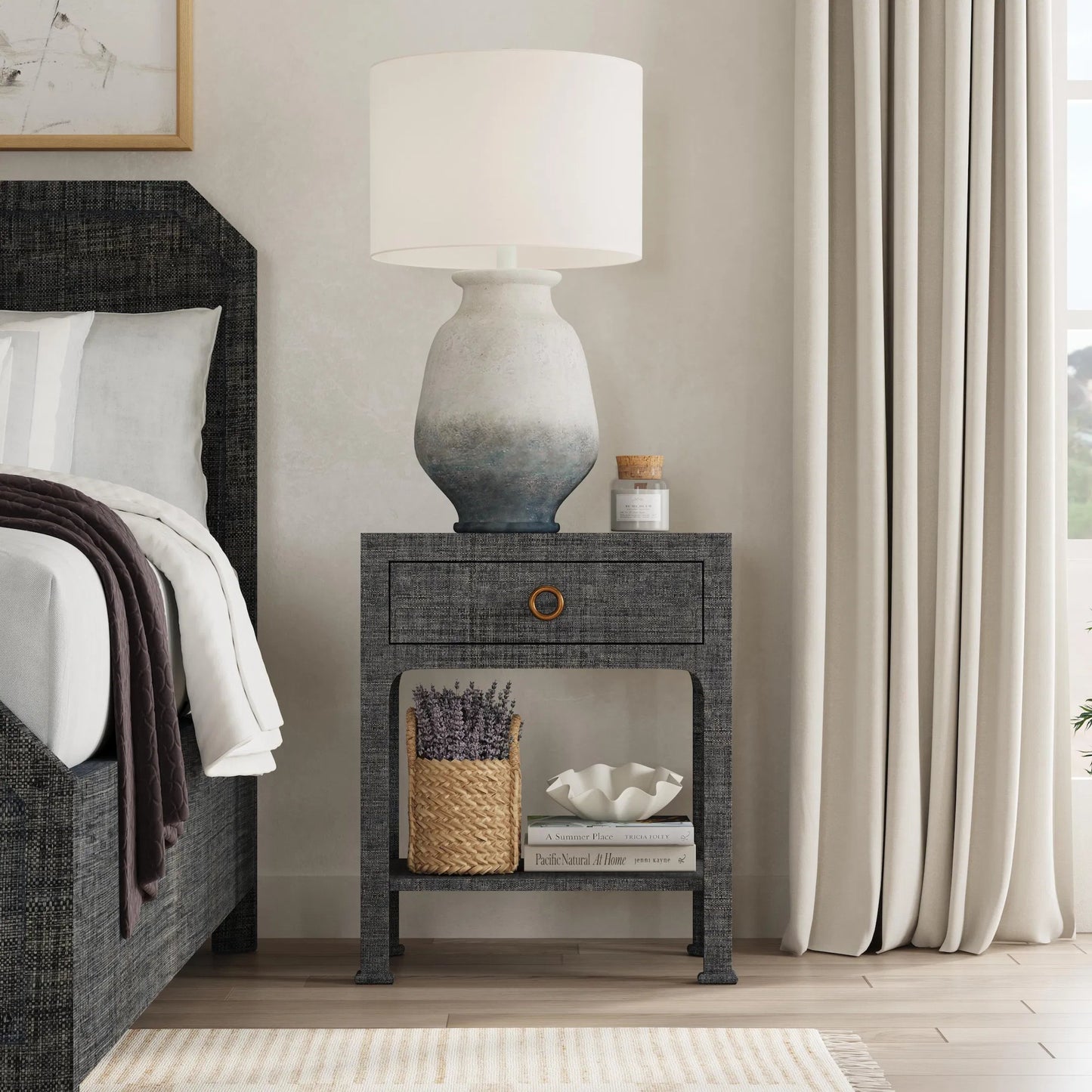 008 SI-2077870 | Lifestyle | Chatham Raffia Nightstand by Butler Specialty Company in charcoal and charcoal raffia. Made from gmelina beechwood solids, mdf panel with maple veneer, raffia, aluminium in a transitional style.