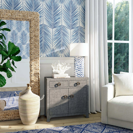 Chatham 2-Drawer Raffia Cabinet by Butler Specialty Company in charcoal and charcoal raffia. Made from gmelina beechwood solids, mdf panel with maple veneer, raffia, aluminium in a modern style.