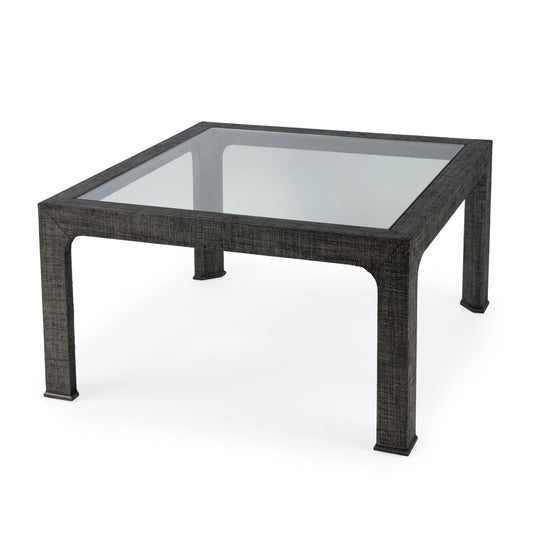 001 SI-2077873 | Primary Silo | Chatham Glass and Raffia Square 36" Coffee Table by Butler Specialty Company in charcoal and charcoal raffia. Made from saguran raffia, glass, gmelina beechwood solids in a modern style.