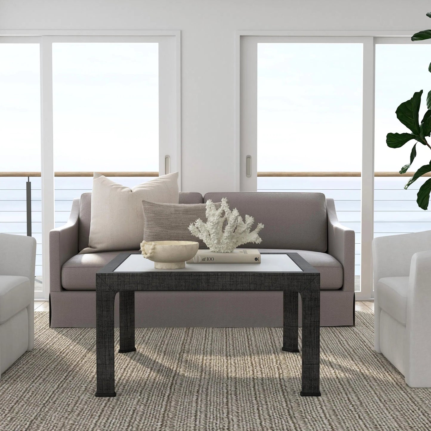 007 SI-2077873 | Lifestyle | Chatham Glass and Raffia Square 36" Coffee Table by Butler Specialty Company in charcoal and charcoal raffia. Made from saguran raffia, glass, gmelina beechwood solids in a modern style.