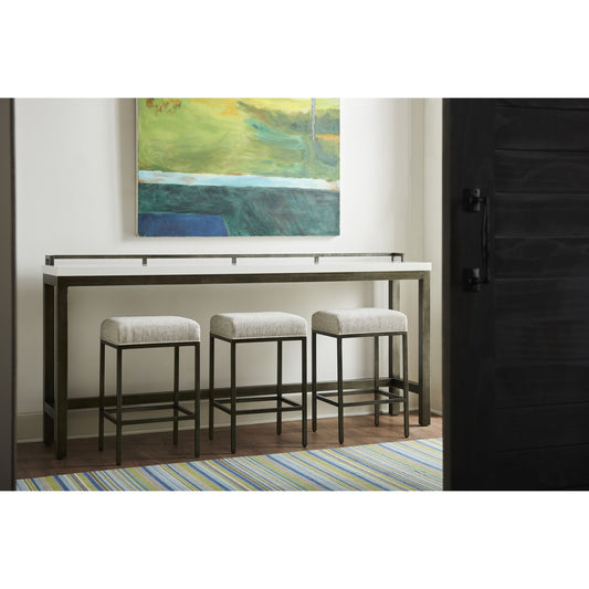 Curated Essence Console Table with Stools by Universal Furniture in brushed stainless steel and meringue. Made from 61% olefin, 37% cotton, 2% polyester in a modern style.