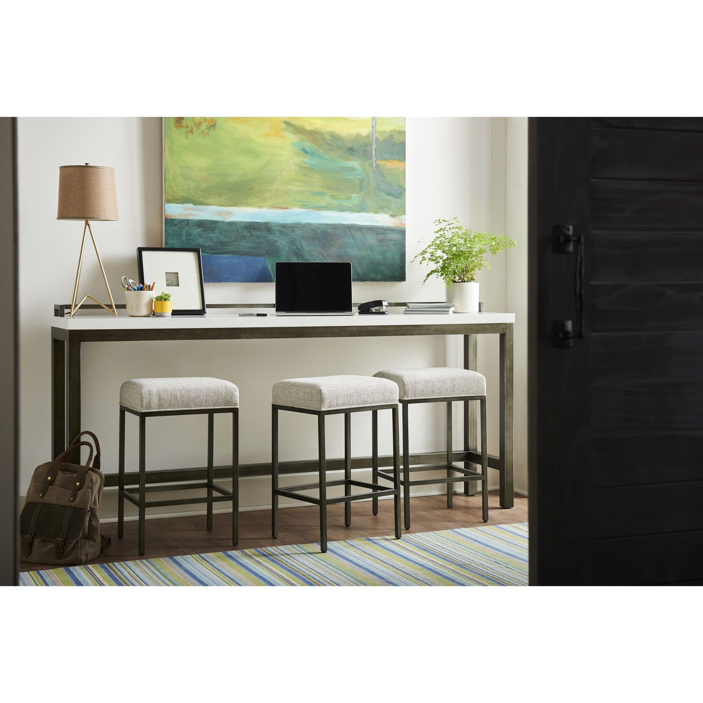 004 SR-813243 | Lifestyle | Curated Essence Console Table with Stools by Universal Furniture in brushed stainless steel and meringue. Made from 61% olefin, 37% cotton, 2% polyester in a modern style.