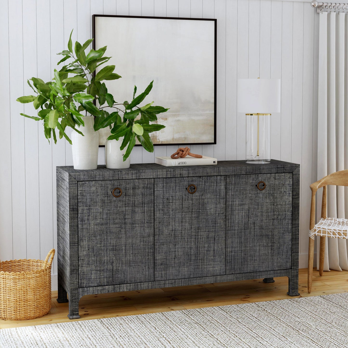 008 SI-2077874 | Lifestyle | Chatham 3-Drawer Raffia Sideboard by Butler Specialty Company in charcoal and charcoal raffia. Made from gmelina beechwood solids, mdf panel with maple veneer, raffia, aluminium in a modern style.