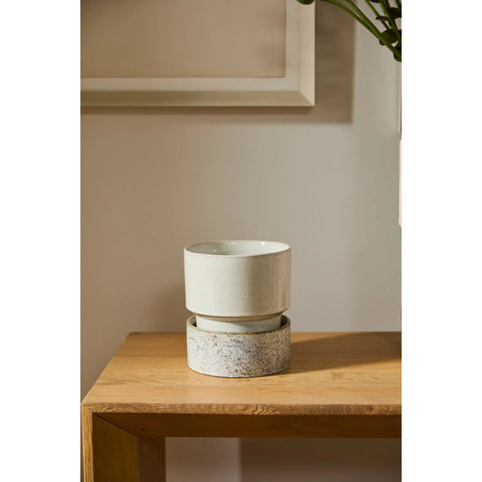 Endeavor Pot with Saucer by Accent Decor in off-white. Made from ceramic in a modern style.
