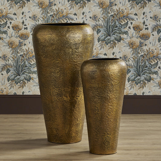 Aladdin Vase Set by Currey and Company in antique gold. Made from cast aluminum in a modern style.