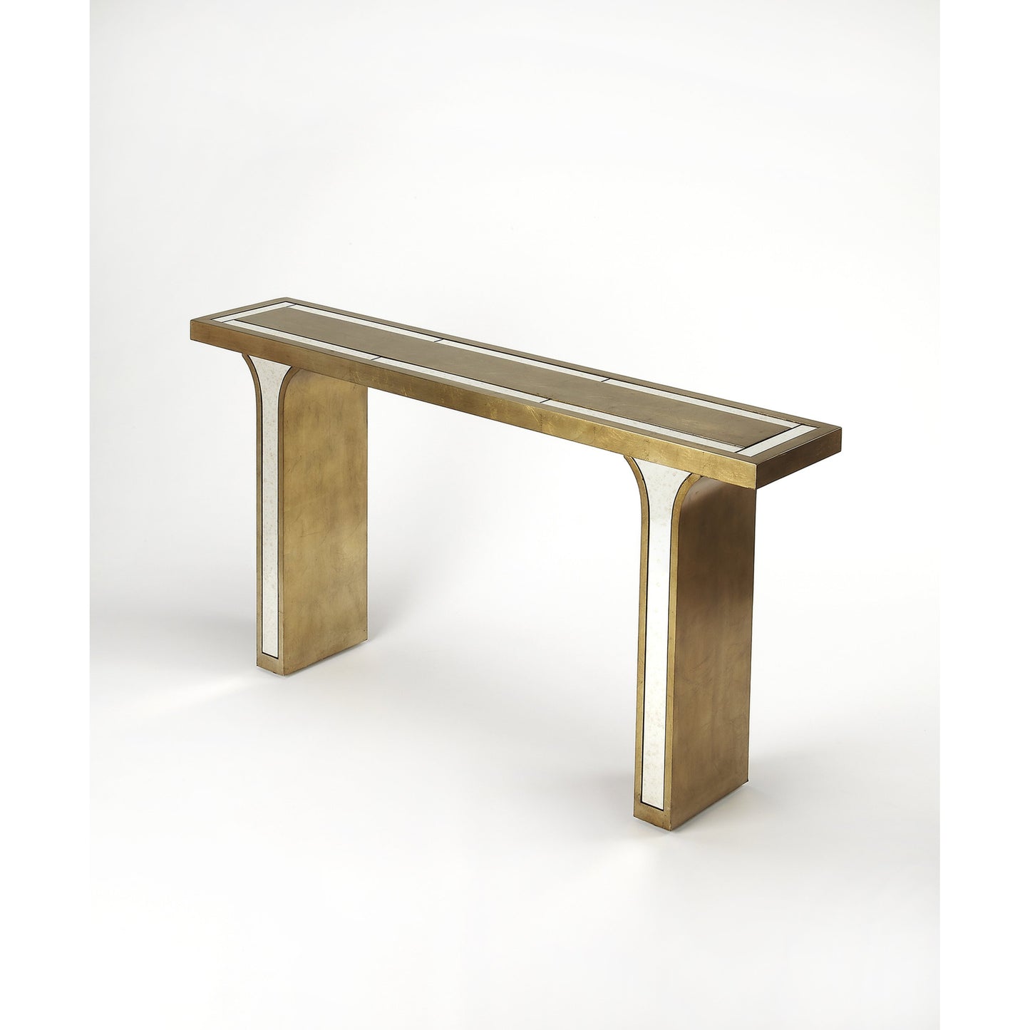 002 O-BUTLER-9201345 | Additional Silo | Katya Console Table by Butler Specialty Company in silver and silver leaf. Made from poplar hardwood solids, distressed mirror in a modern style.