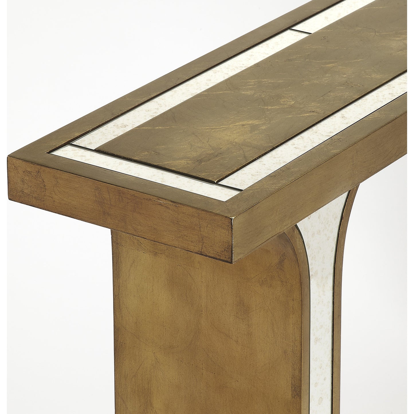 003 O-BUTLER-9201345 | Additional Silo | Katya Console Table by Butler Specialty Company in silver and silver leaf. Made from poplar hardwood solids, distressed mirror in a modern style.