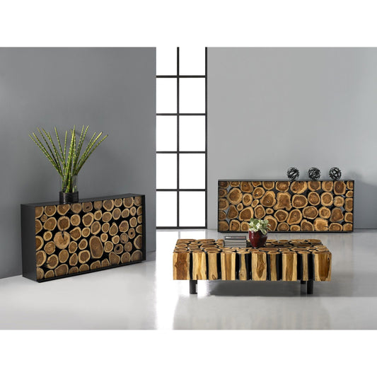 Boscage Coffee Table by Phillips Collection in brown, black and charred natural. Made from wood in a rustic style.