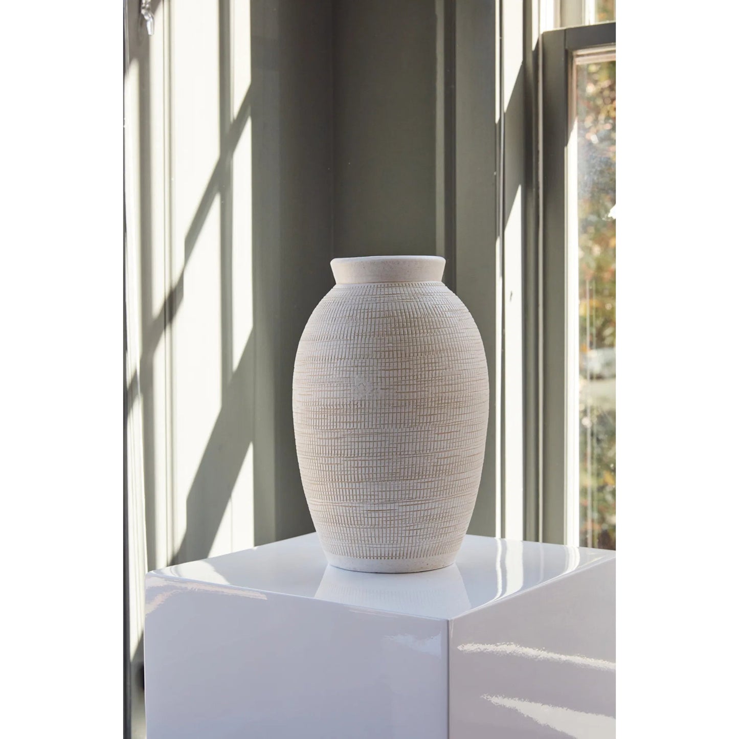 005 SI-2162805 | Lifestyle | Sirocco Vase by Accent Decor in white. Made from ceramic in a cottage & farmhouse style.