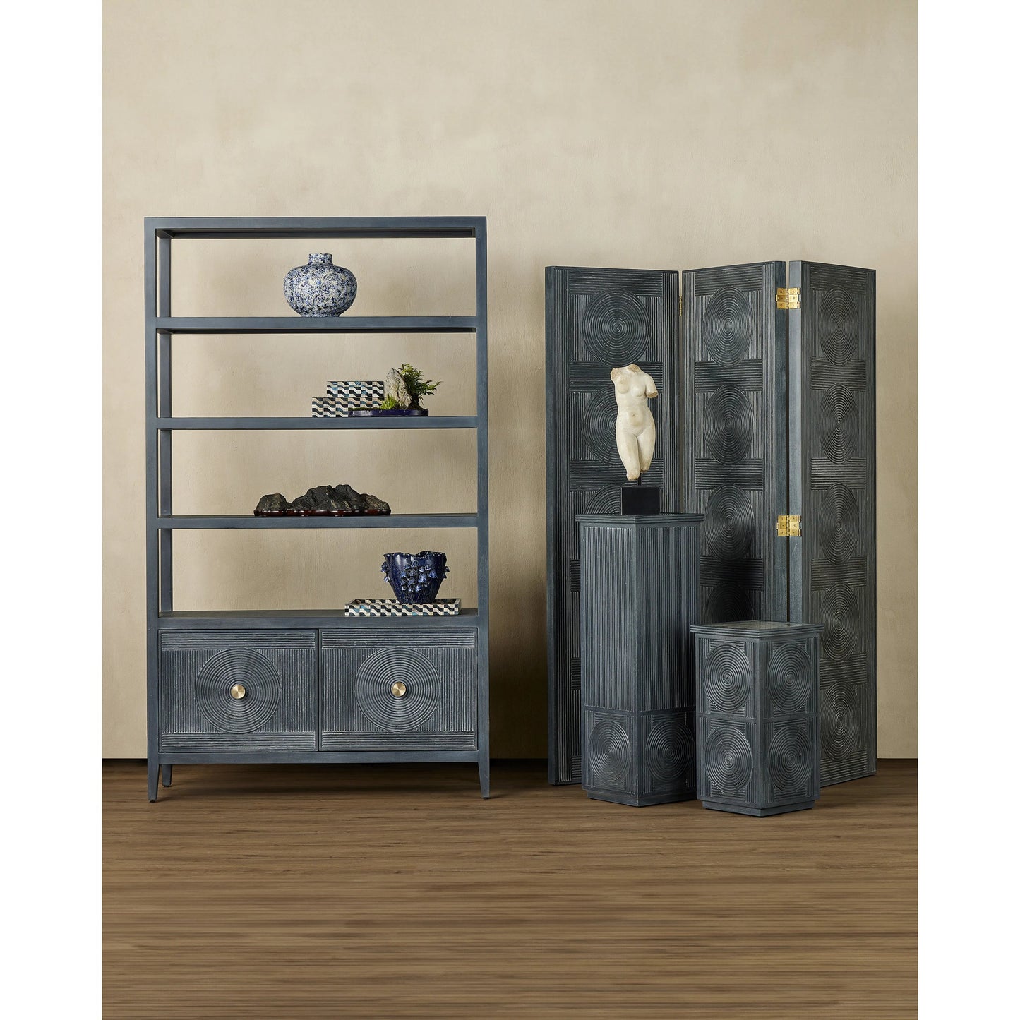 014 SI-2134072 | Lifestyle | Santos Storage Etagere by Currey and Company in vintage navy, brushed brass. Made from rattan, mahogany, grasscloth, brass in a transitional style.
