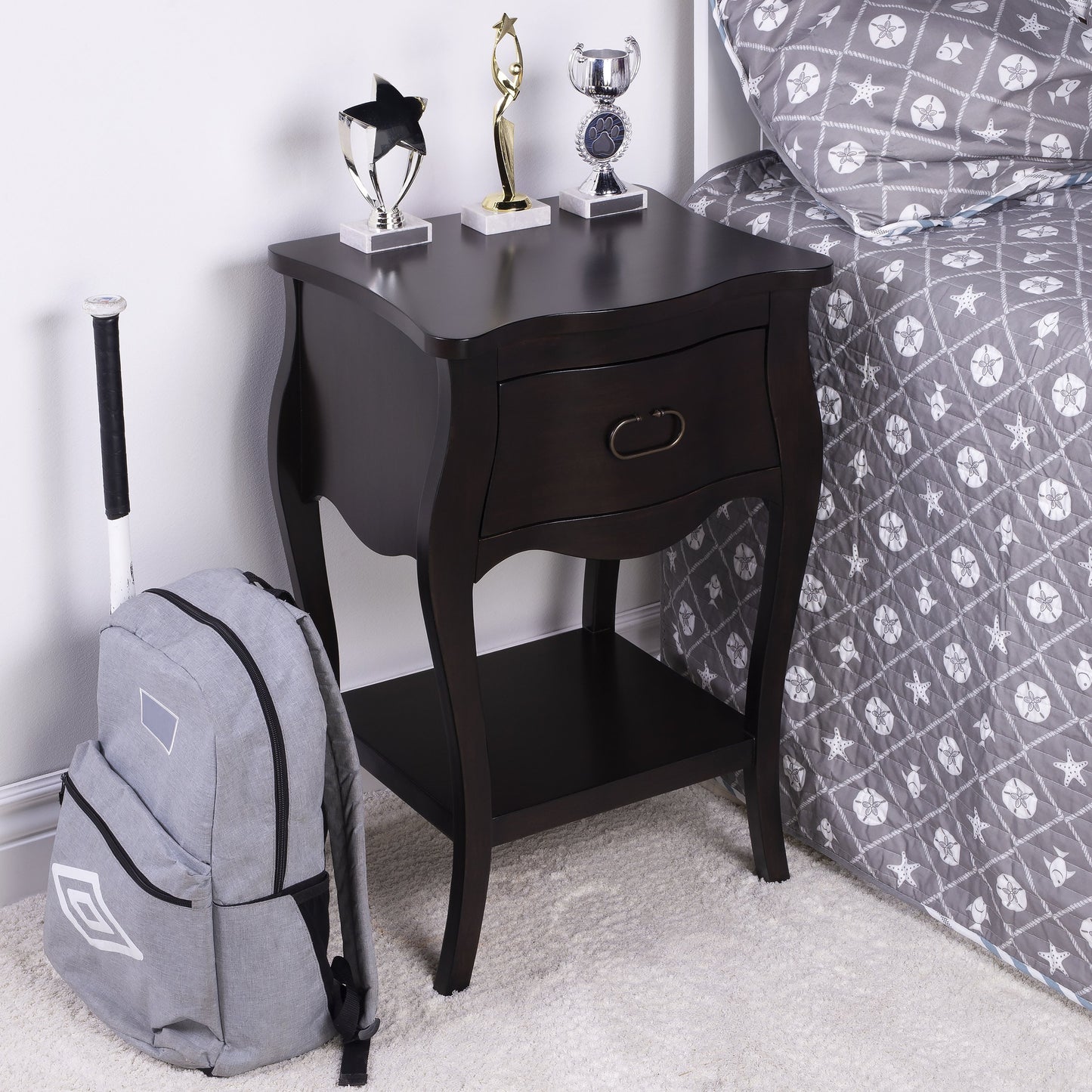 013 SR-770504 | Lifestyle | Rochelle Night Stand by Butler Specialty Company in dark brown and chocolate. Made from mahogany wood veneers, mdf, plywood, hardware: iron, antiqued dark finish in a traditional style.