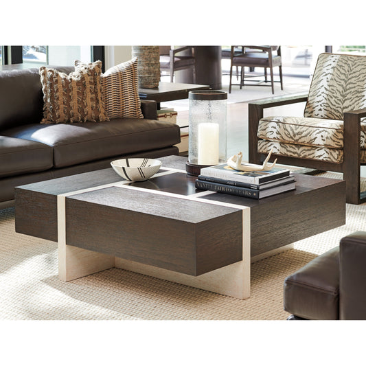 Solace Square Cocktail Table by Lexington in dark mocha canyon, light monterey. Made from unique in a modern style.