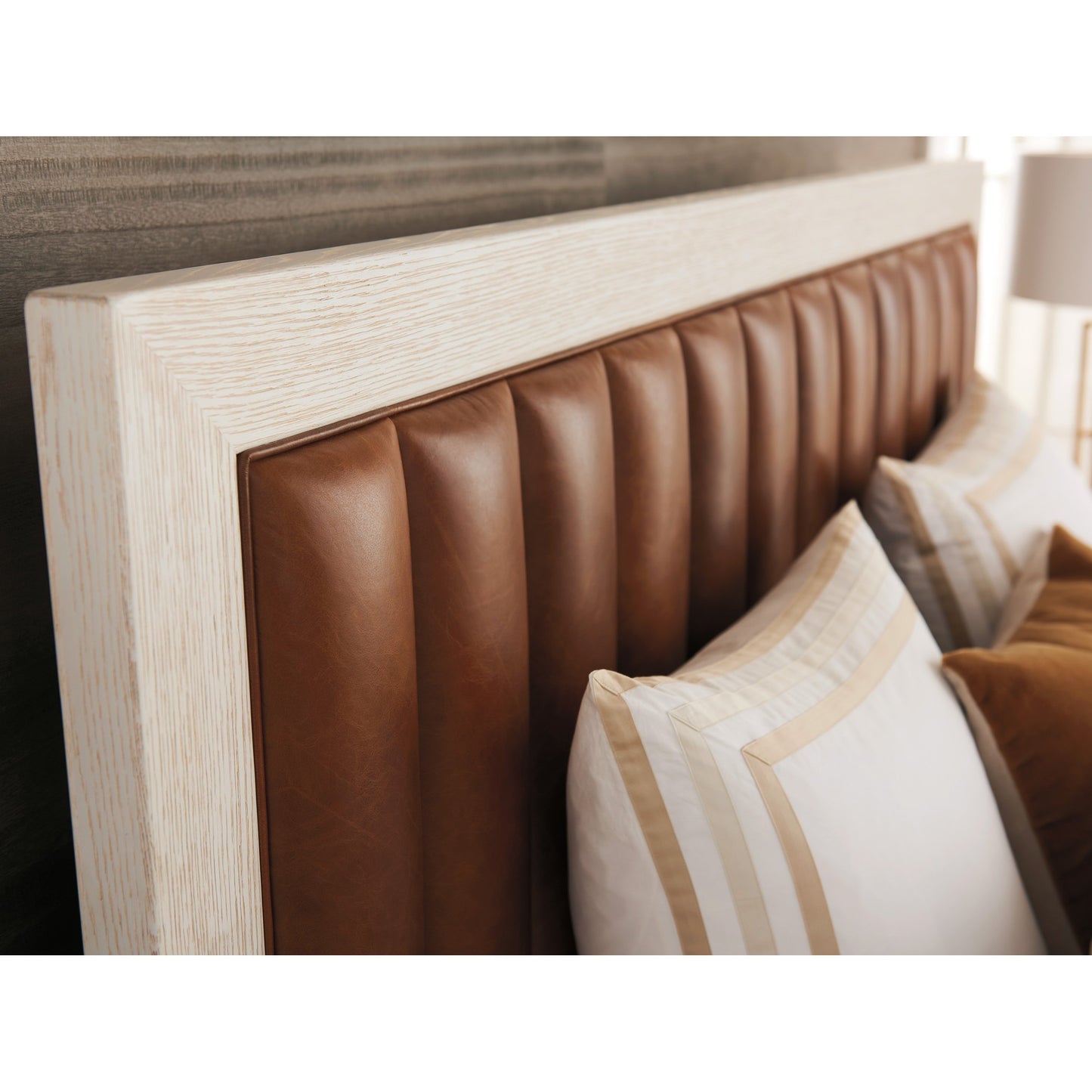002 SI-1770663,SI-1770665 | Lifestyle | Cambria Upholstered Bed by Lexington in burnished tan and winter white. Made from unique in a rustic style.