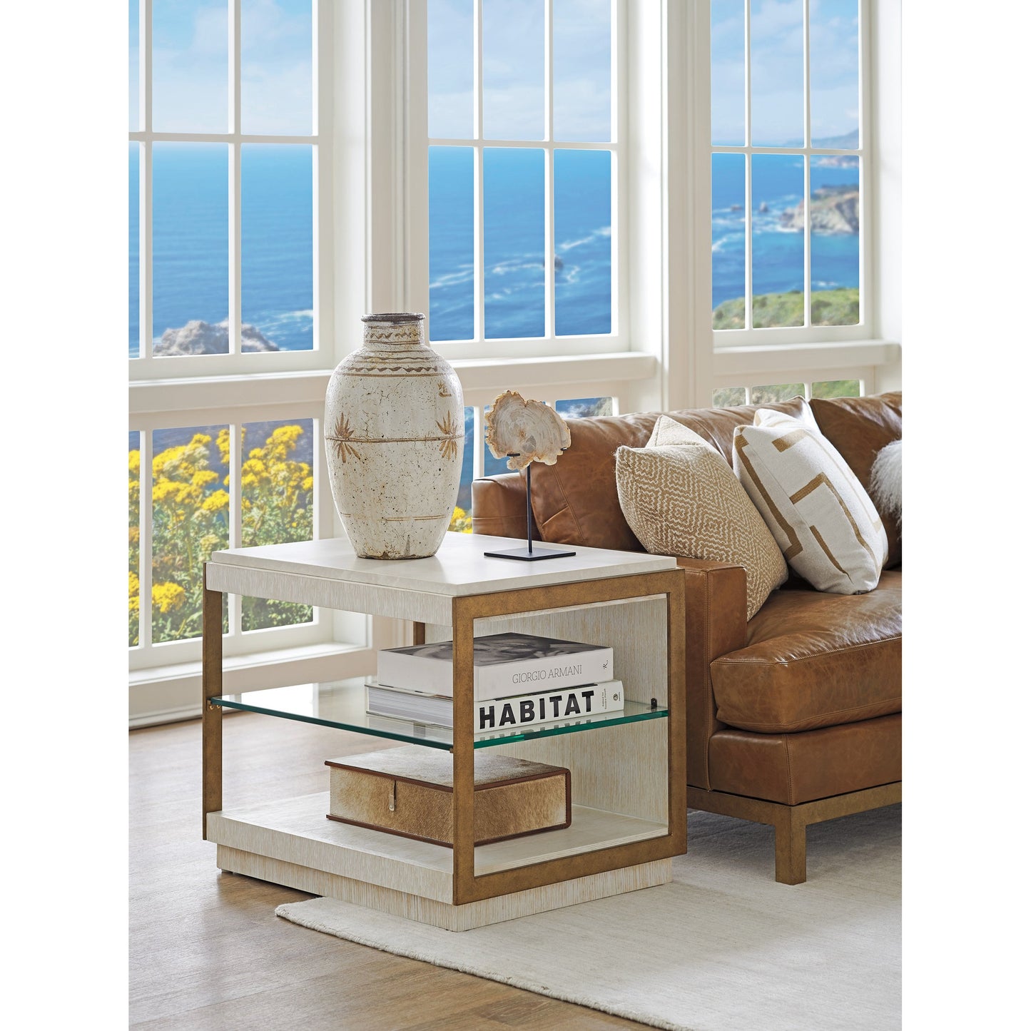 003 SI-1770748 | Lifestyle | Point Lobos End Table by Lexington in winter white. Made from unique in a modern style.