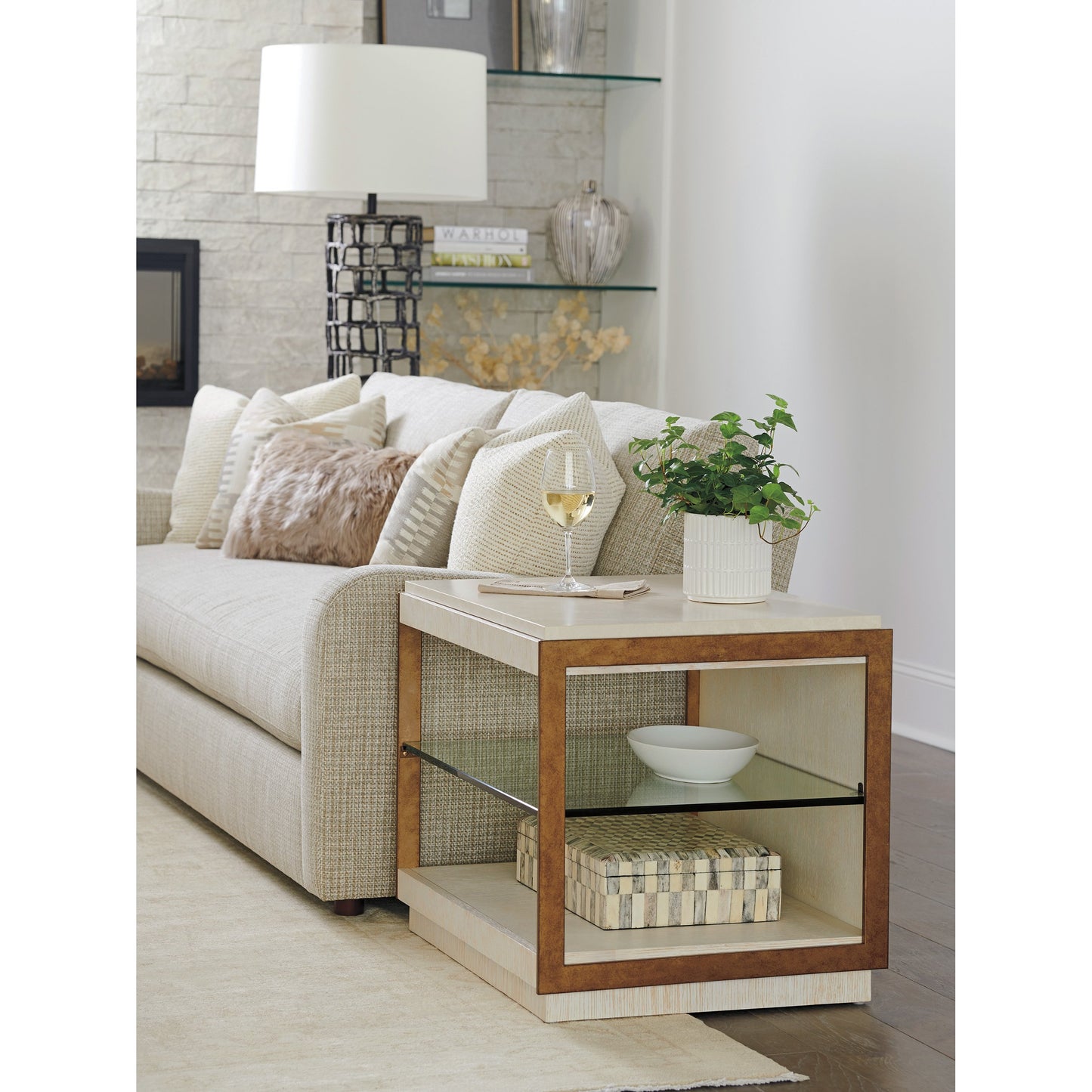 002 SI-1770748 | Lifestyle | Point Lobos End Table by Lexington in winter white. Made from unique in a modern style.