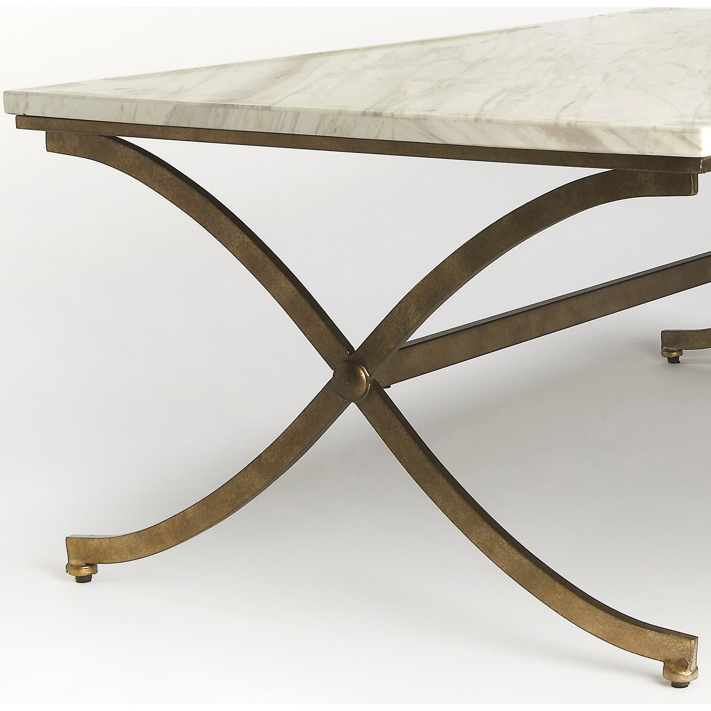 004 O-BUTLER-9322355 | Closeup | Pamina Travertine Cocktail Table by Butler Specialty Company in gold and antique gold. Made from travertine top: kala, metal in a modern style.