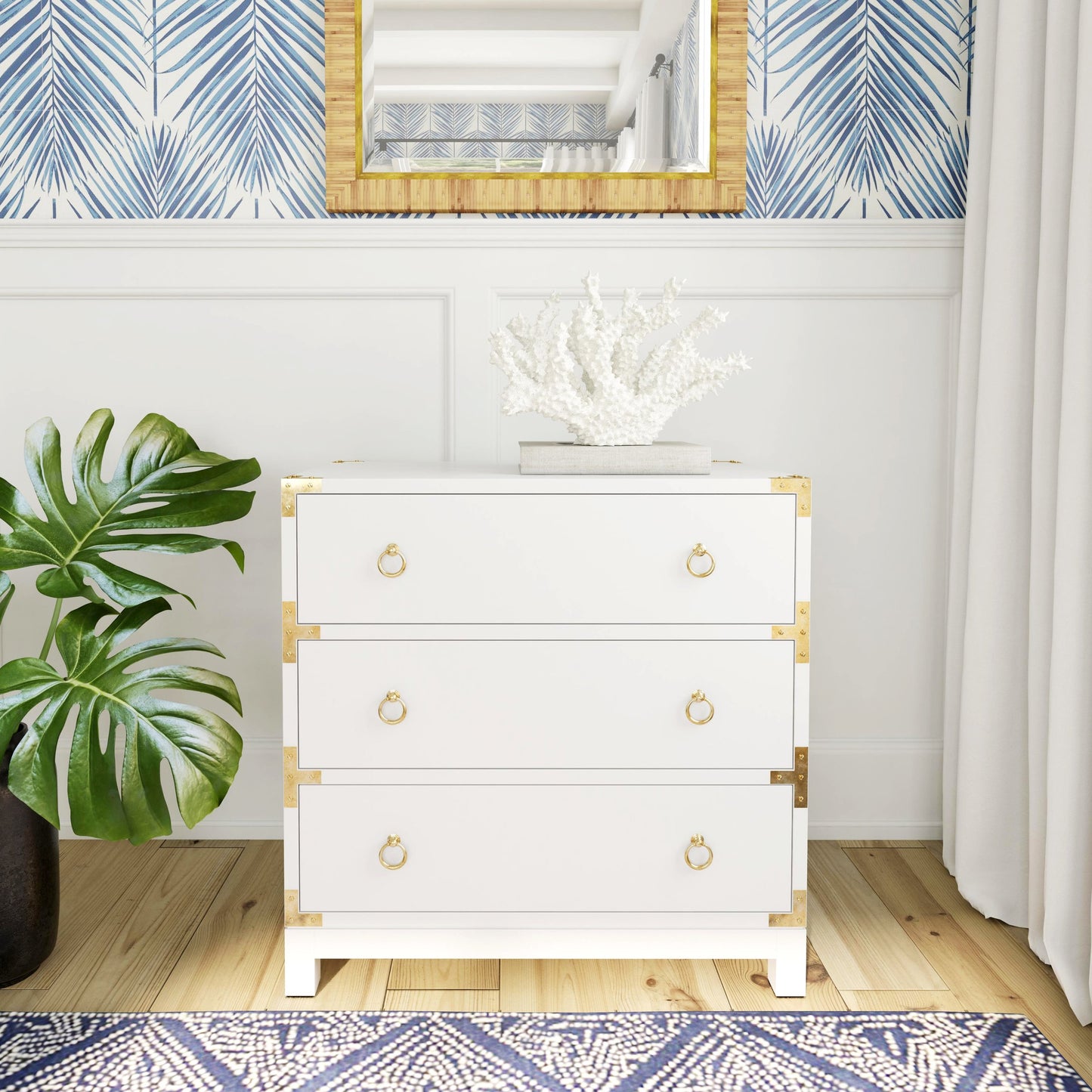 012 S-346236 | Lifestyle | Forster Chest by Butler Specialty Company in white and glossy white. Made from mango wood solids, mdf, polished gold finished hardware in a modern style.
