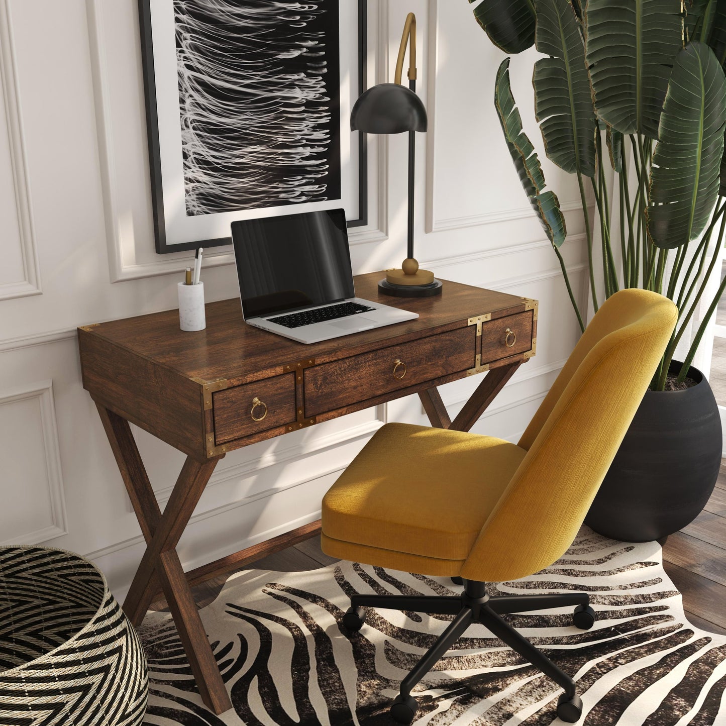 010 S-242727 | Lifestyle | Forster Writing Desk by Butler Specialty Company in dark brown and brown. Made from mango wood solids, mdf, brass finished hardware in a eclectic & global style.