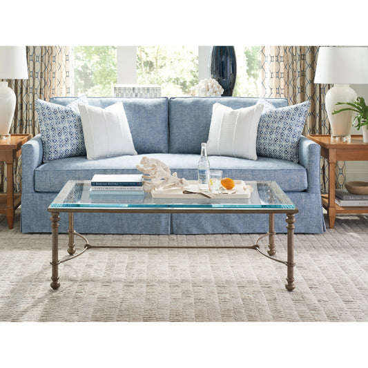 Bluff Metal and Glass Cocktail Table by Barclay Butera in burnished brass. Made from unique in a transitional style.