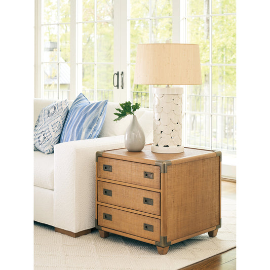 Sapphire Woven Trunk End Table by Barclay Butera in brown and burnished brass. Made from unique in a transitional style.