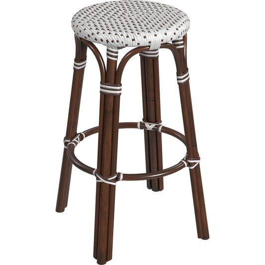 Tobias Bar Stool by Butler Specialty Company. Made from rattan, polyurethane synthetic rattan in a coastal style.