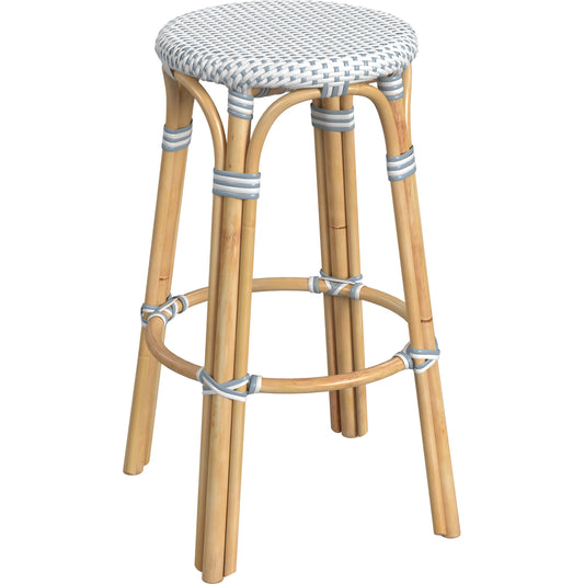 Tobias Wood Bar Stool by Butler Specialty Company. Made from rattan, polyurethane synthetic rattan in a coastal style.