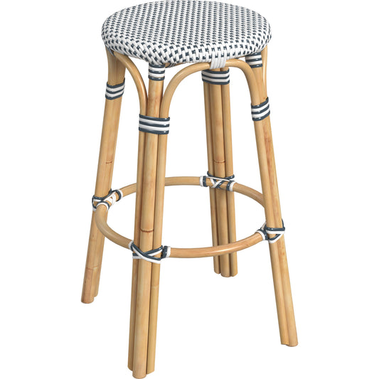 Tobias Wood Bar Stool by Butler Specialty Company. Made from rattan, polyurethane synthetic rattan in a coastal style.