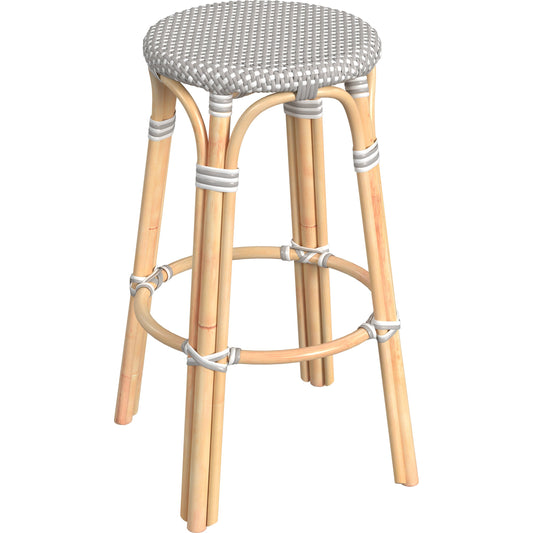 Tobias Wood Bar Stool by Butler Specialty Company. Made from rattan, polyurethane synthetic rattan in a coastal style.