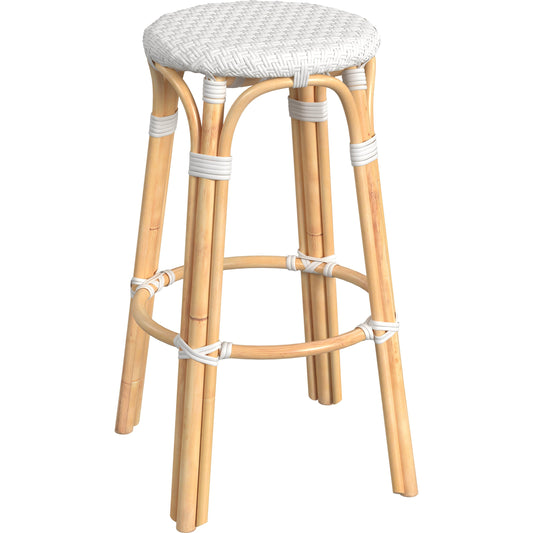 Tobias Wood Bar Stool by Butler Specialty Company. Made from rattan, polyurethane synthetic rattan in a coastal style.