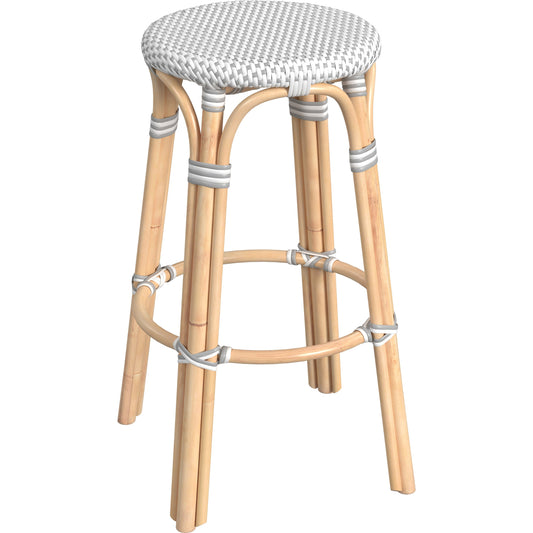 Tobias Wood Bar Stool by Butler Specialty Company. Made from rattan, polyurethane synthetic rattan in a coastal style.