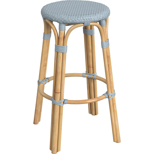 Tobias Wood Bar Stool by Butler Specialty Company. Made from rattan, polyurethane synthetic rattan in a coastal style.