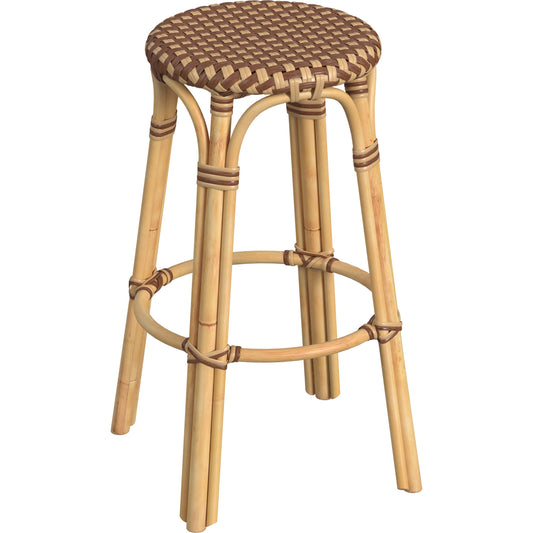 Tobias Wood Bar Stool by Butler Specialty Company. Made from rattan, polyurethane synthetic rattan in a coastal style.